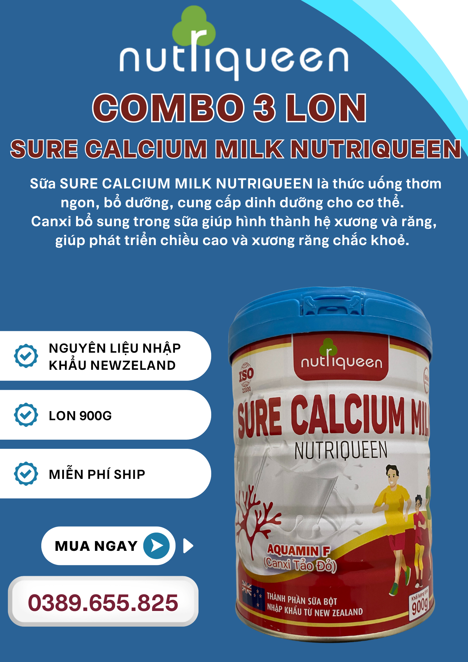 COMBO 3 LON SỮA SURE CALCIUM MILK 900g